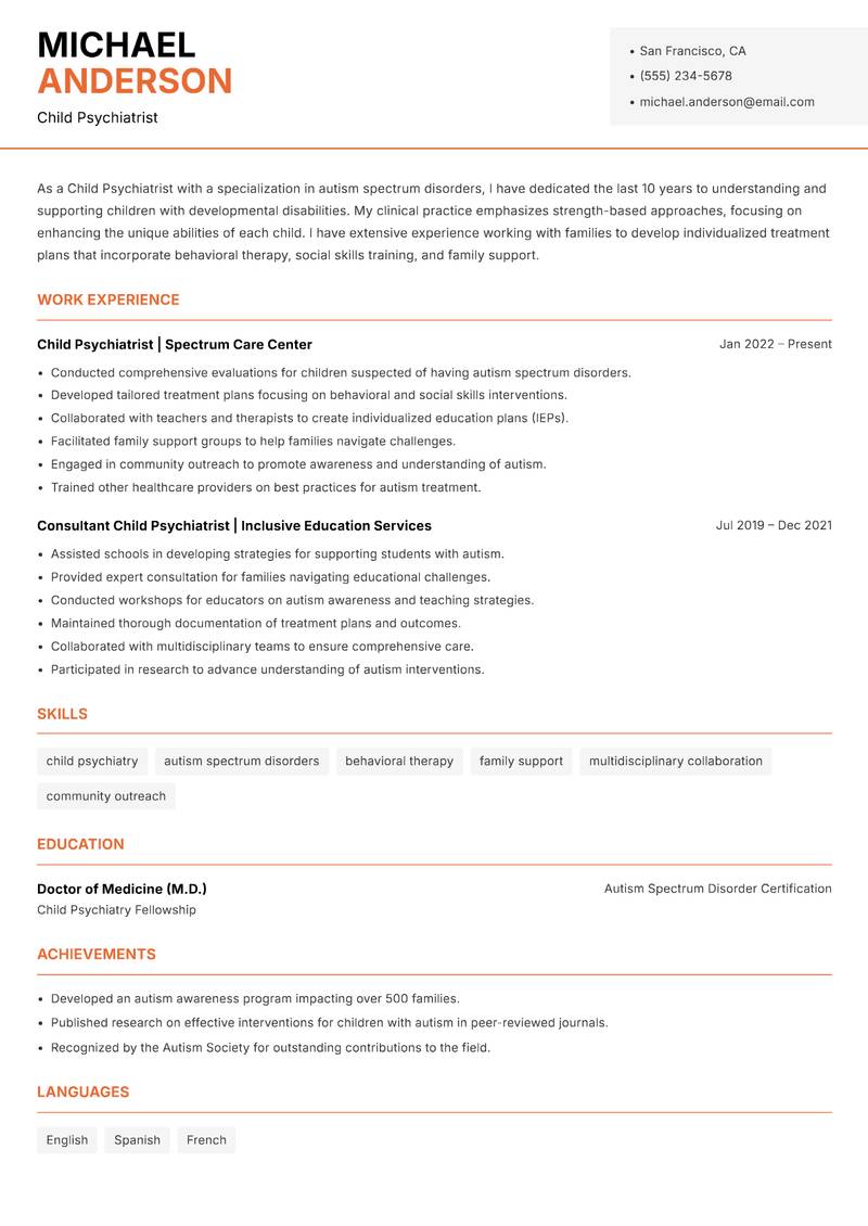 Child Psychiatrist Resume Template
