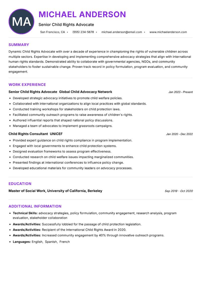 Child Rights Advocate Resume Preview Example
