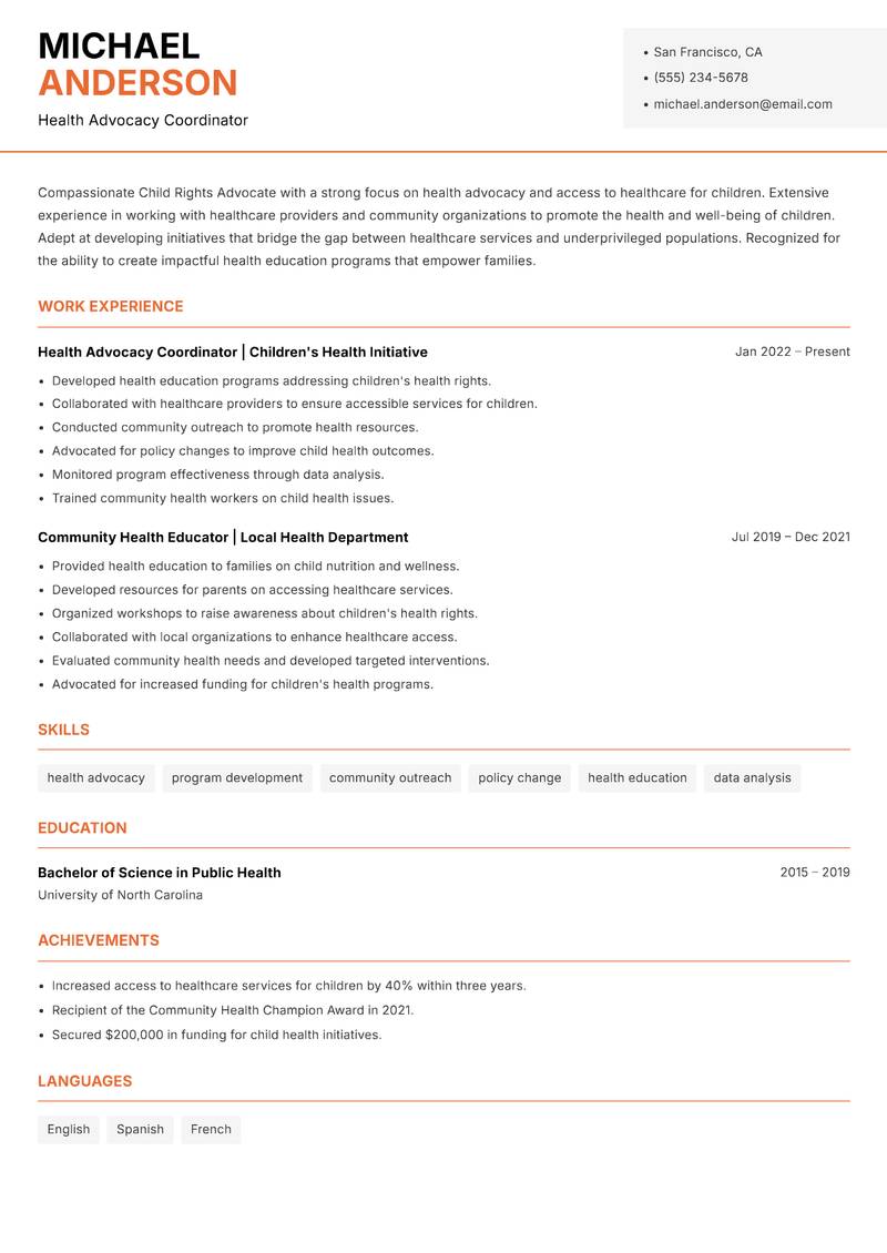 Child Rights Advocate Resume Template