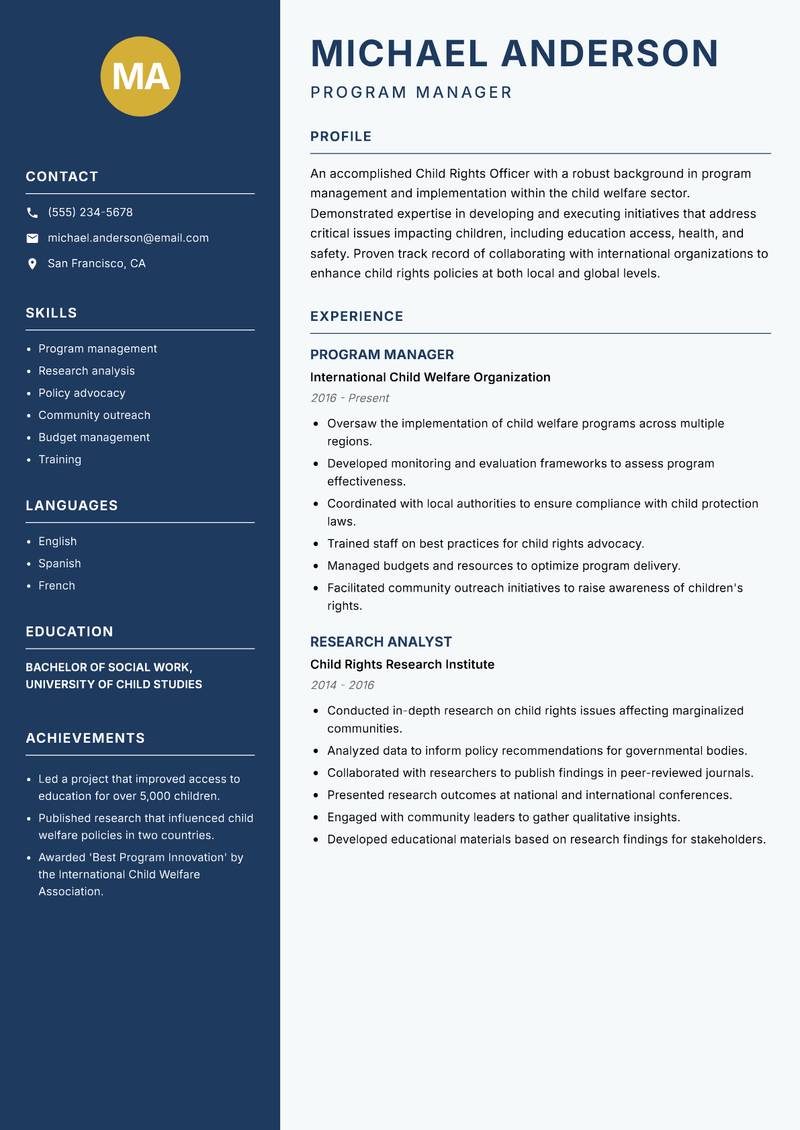 Child Rights Officer Resume Preview Example