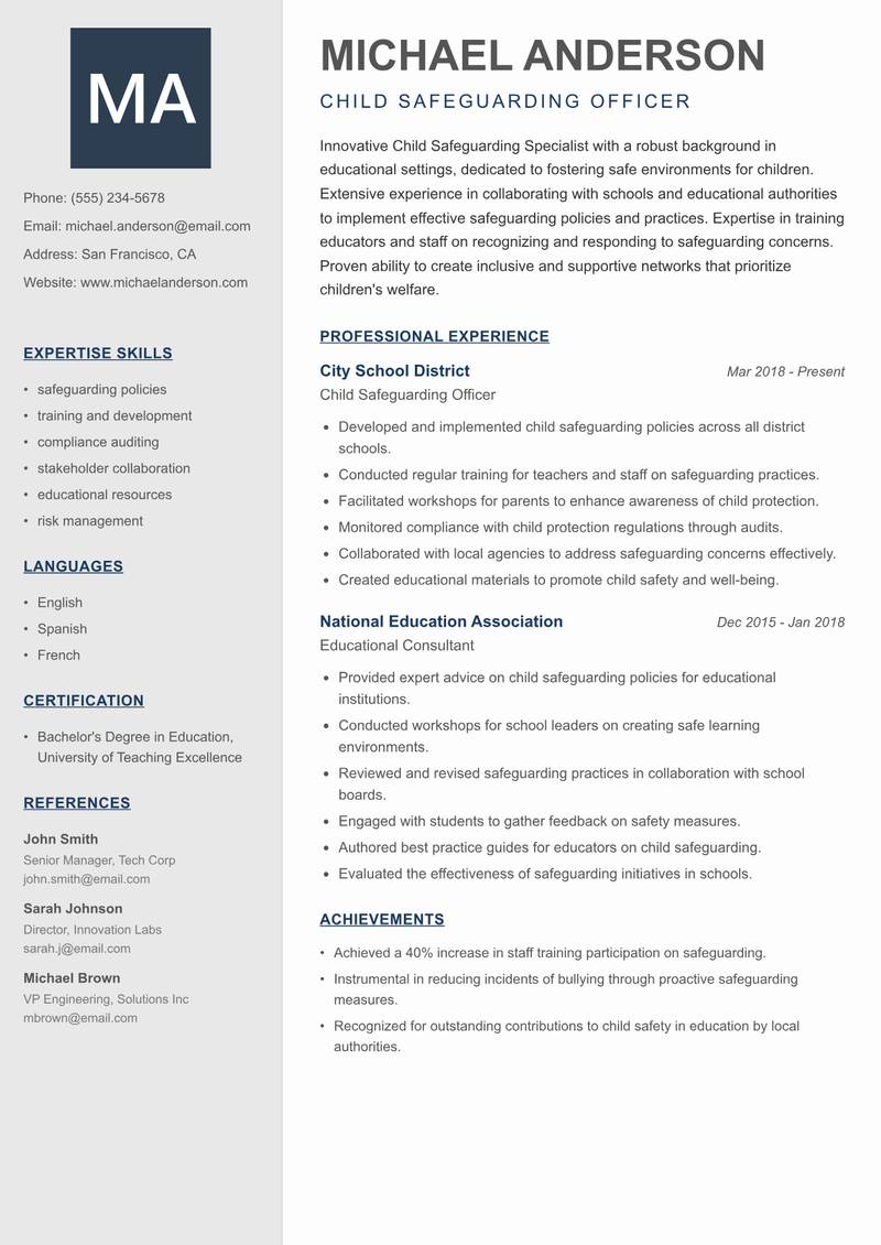 Child Safeguarding Specialist Resume Preview Example