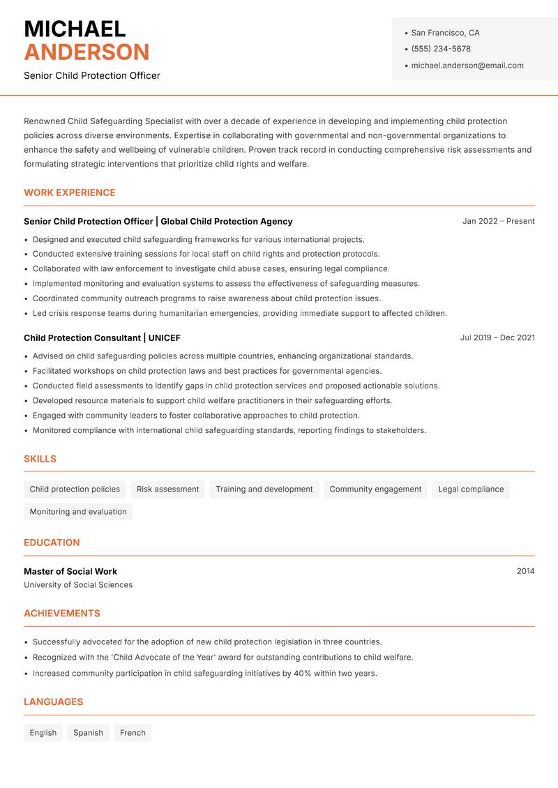 Child Safeguarding Specialist Resume Template