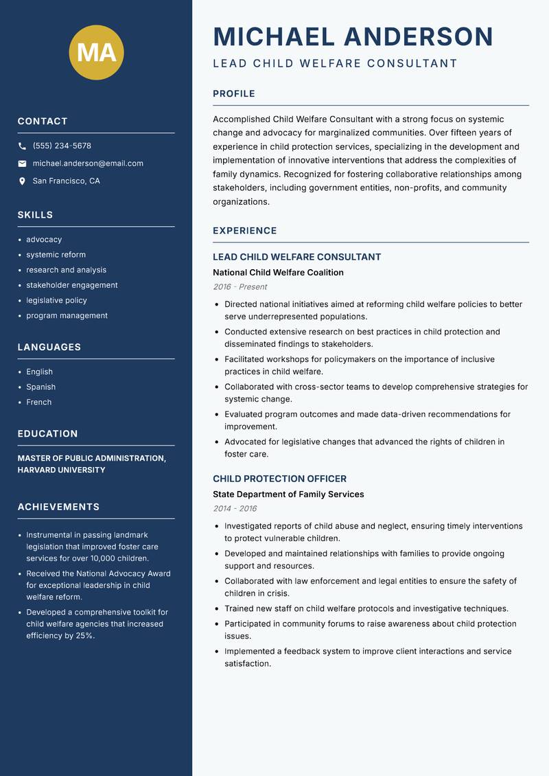 Child Welfare Consultant Resume Preview Example