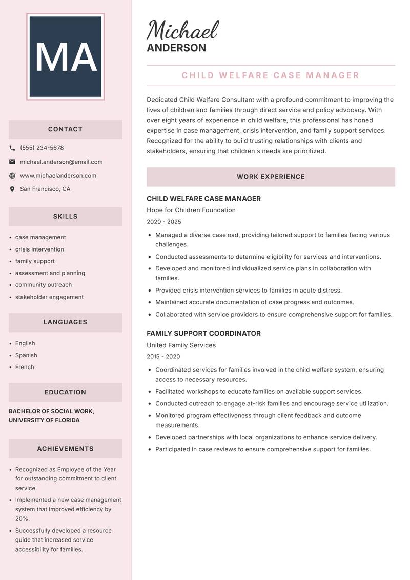 Child Welfare Consultant Resume Preview Example