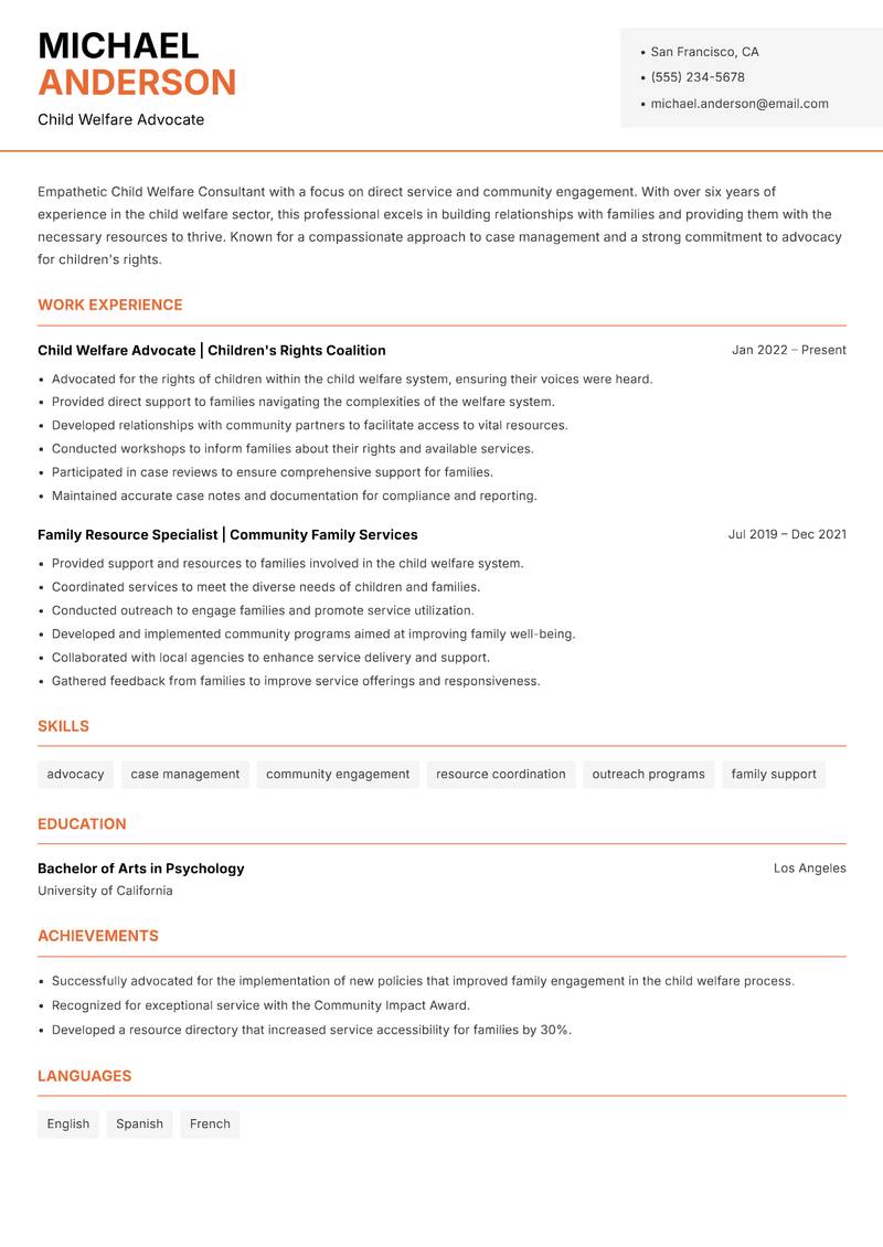 Child Welfare Consultant Resume Template