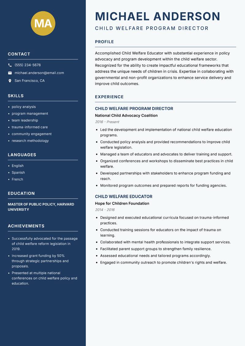 Child Welfare Educator Resume Preview Example