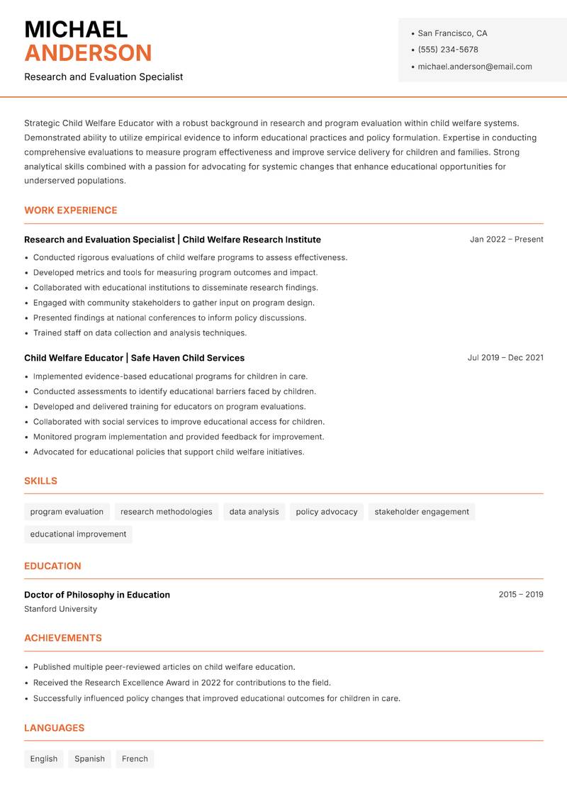 Child Welfare Educator Resume Template