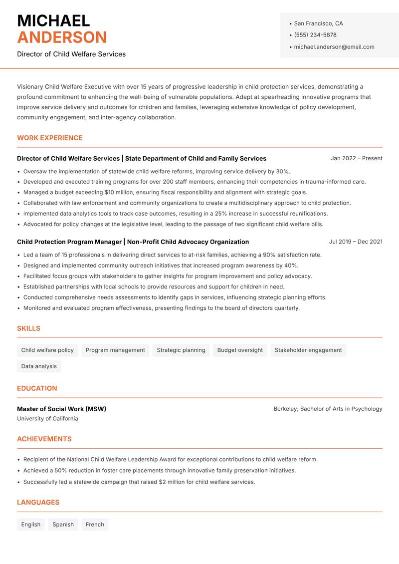 Child Welfare Executive Resume Template