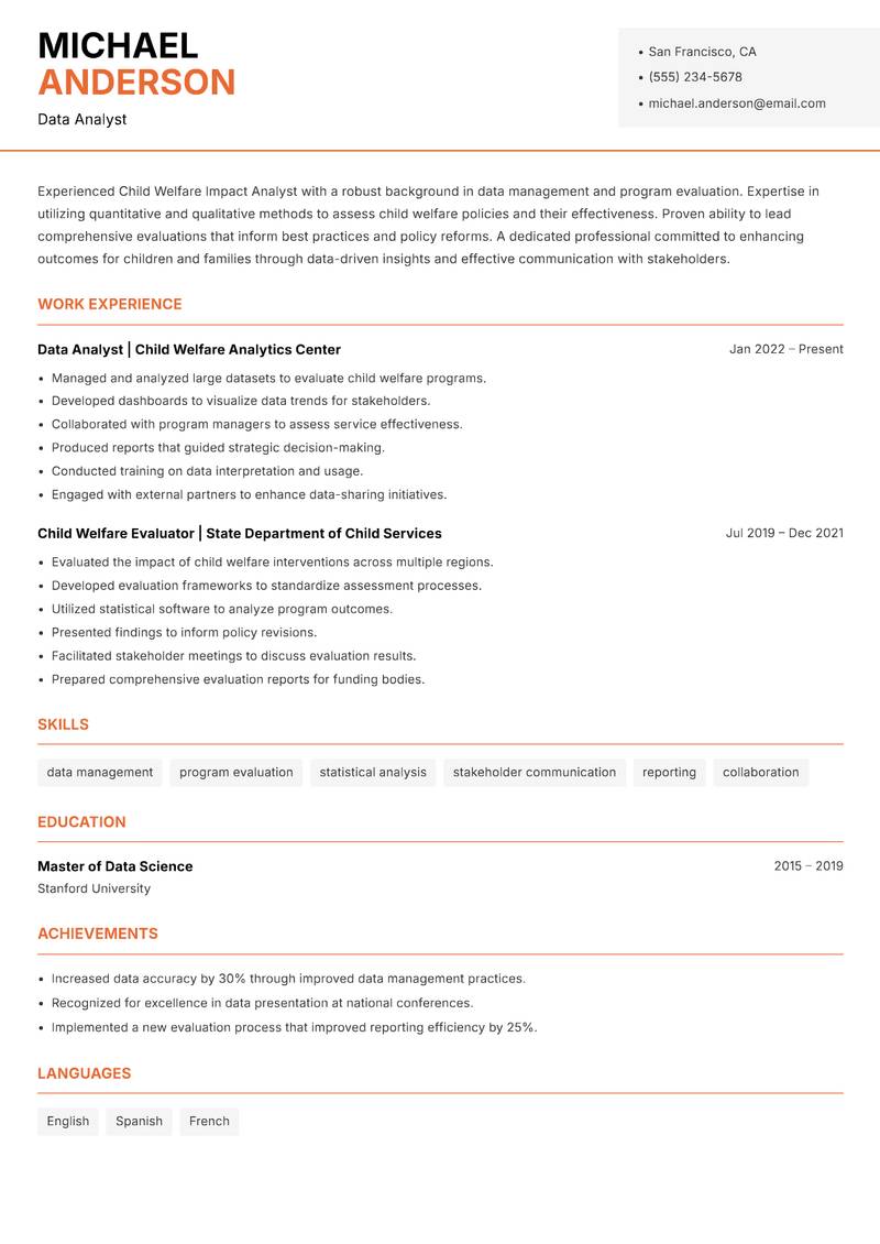 Child Welfare Impact Analyst Resume Template