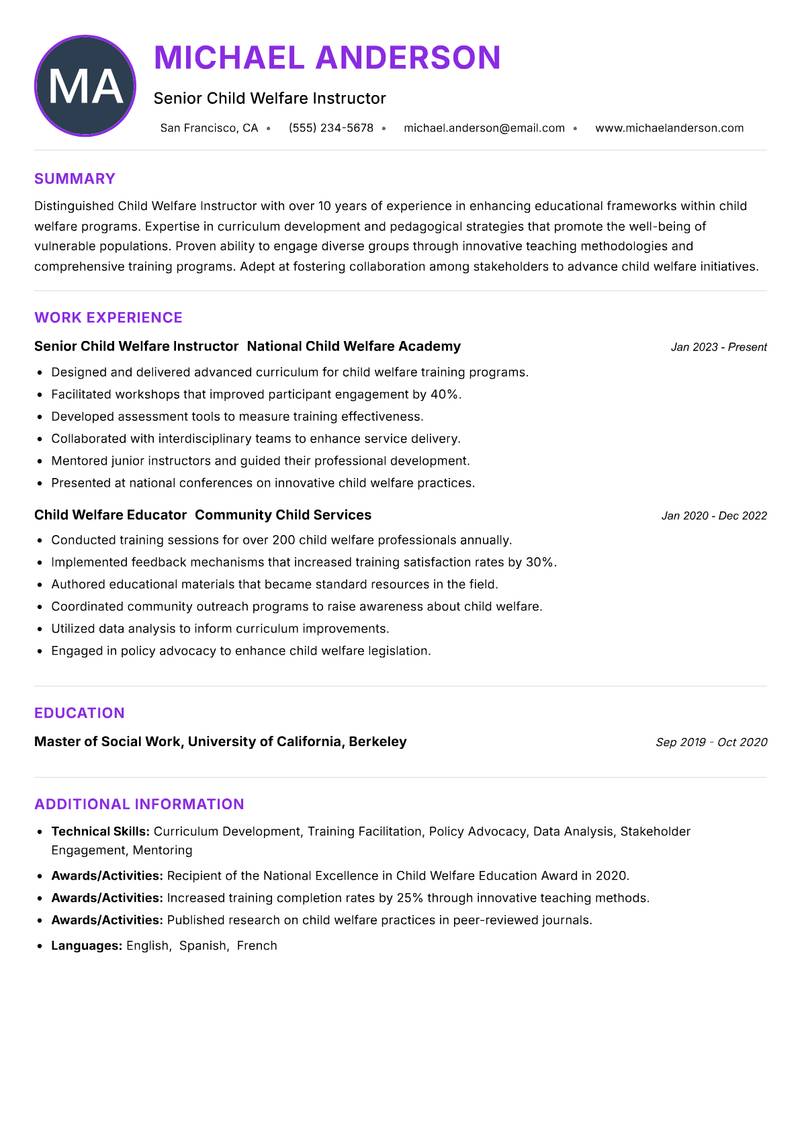 Child Welfare Instructor Resume Preview Example