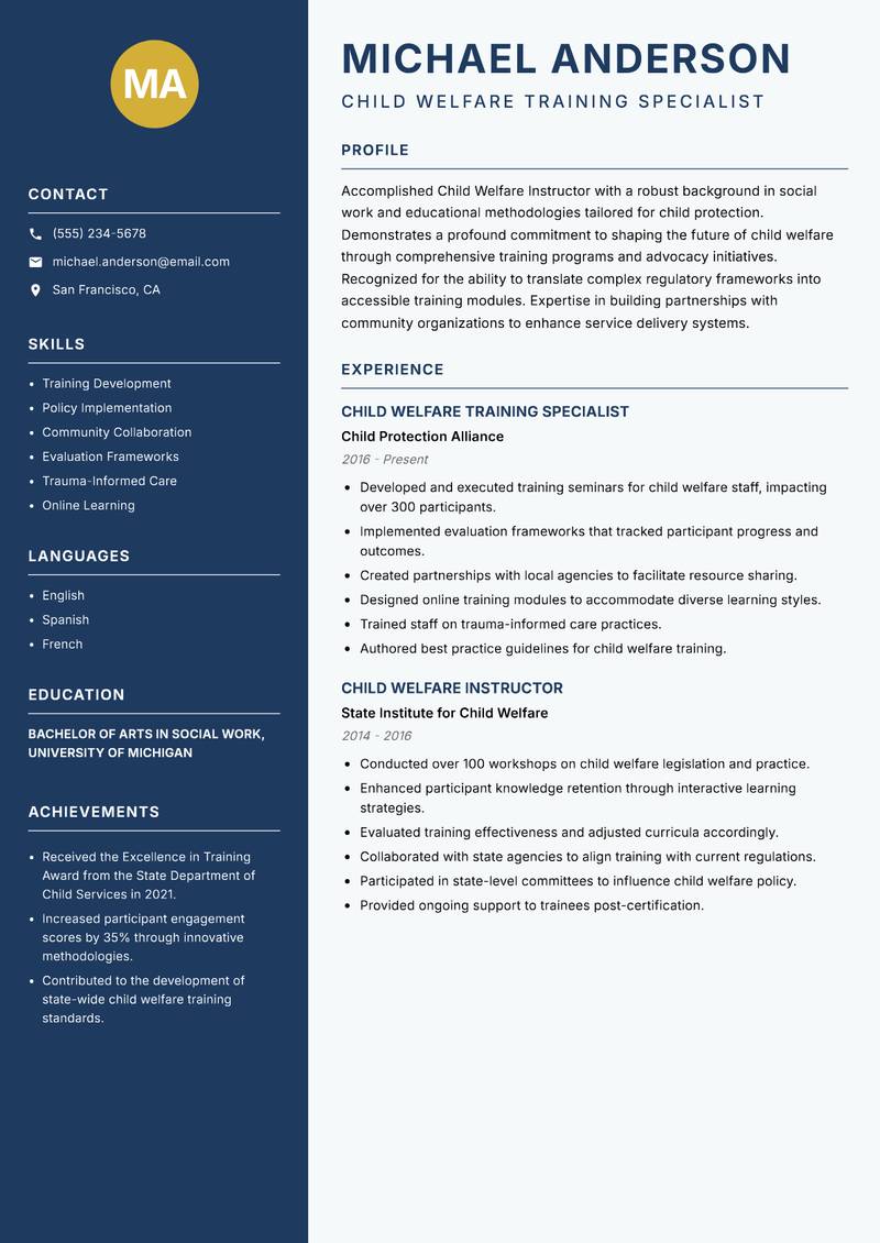 Child Welfare Instructor Resume Preview Example