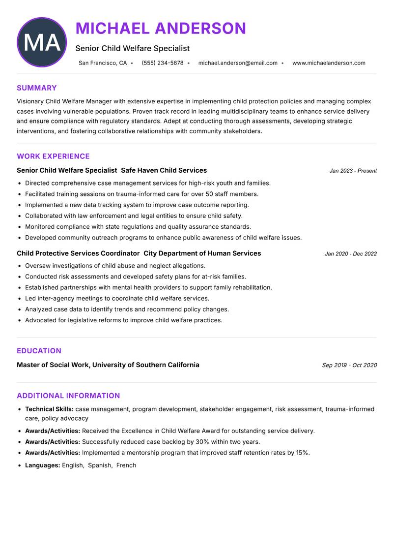 Child Welfare Manager Resume Preview Example