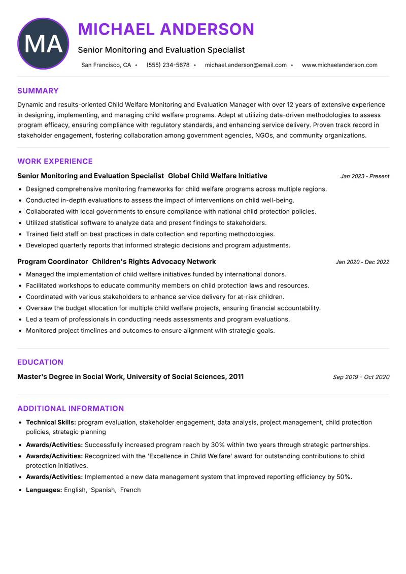 Child Welfare Monitoring and Evaluation Manager Resume Preview Example