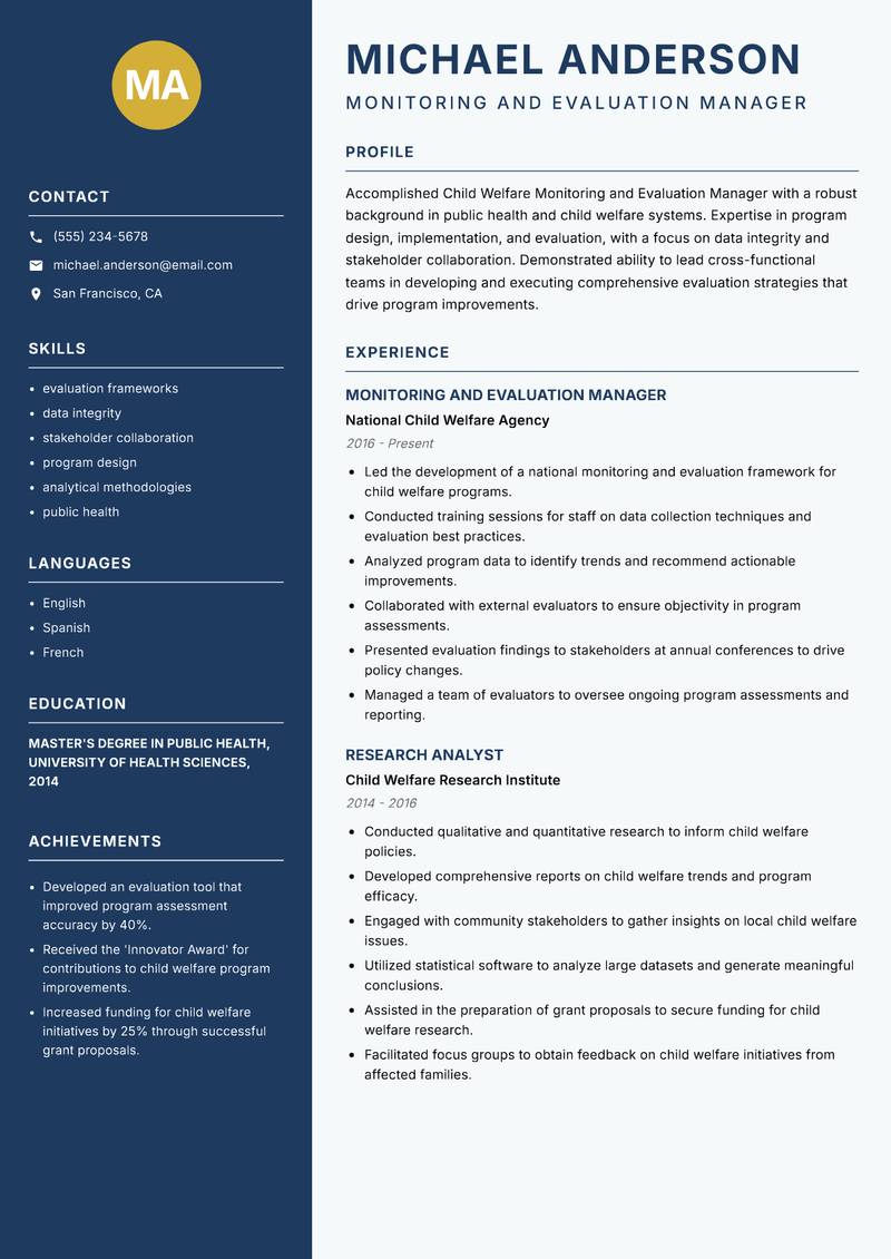Child Welfare Monitoring and Evaluation Manager Resume Preview Example