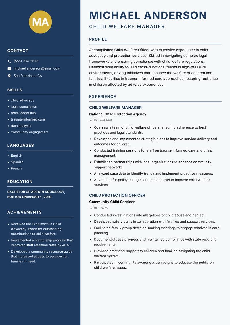 Child Welfare Officer Resume Preview Example