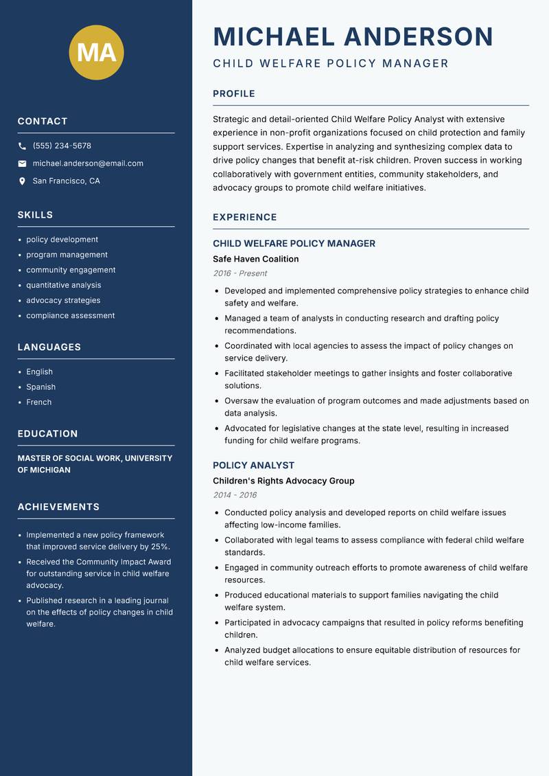 Child Welfare Policy Analyst Resume Preview Example