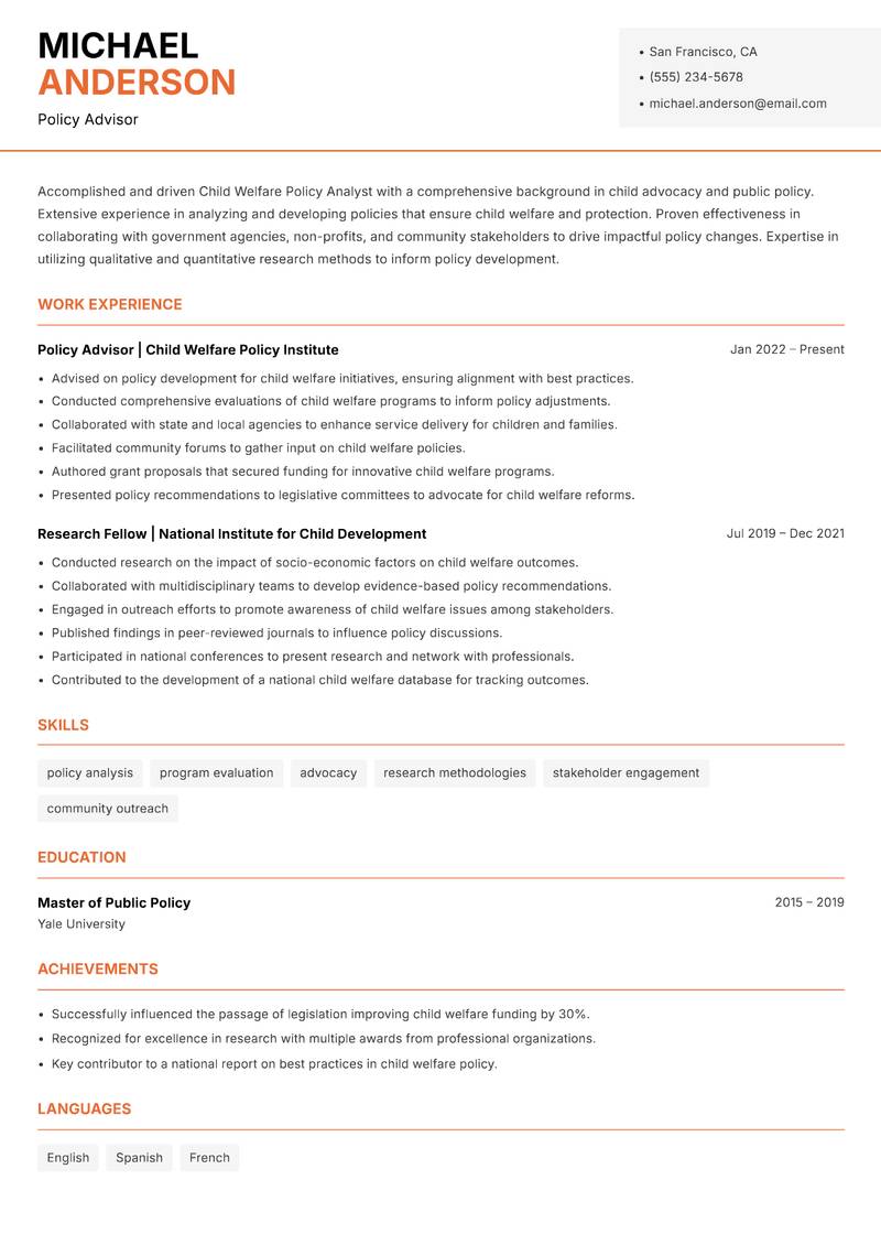 Child Welfare Policy Analyst Resume Template