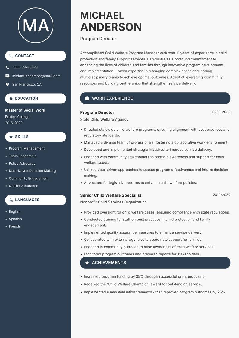 Child Welfare Program Manager Resume Preview Example