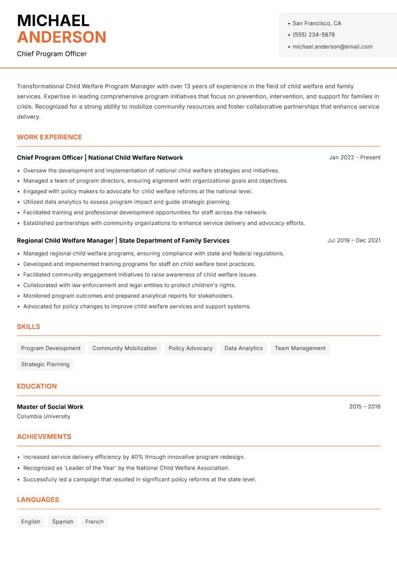 Child Welfare Program Manager Resume Template