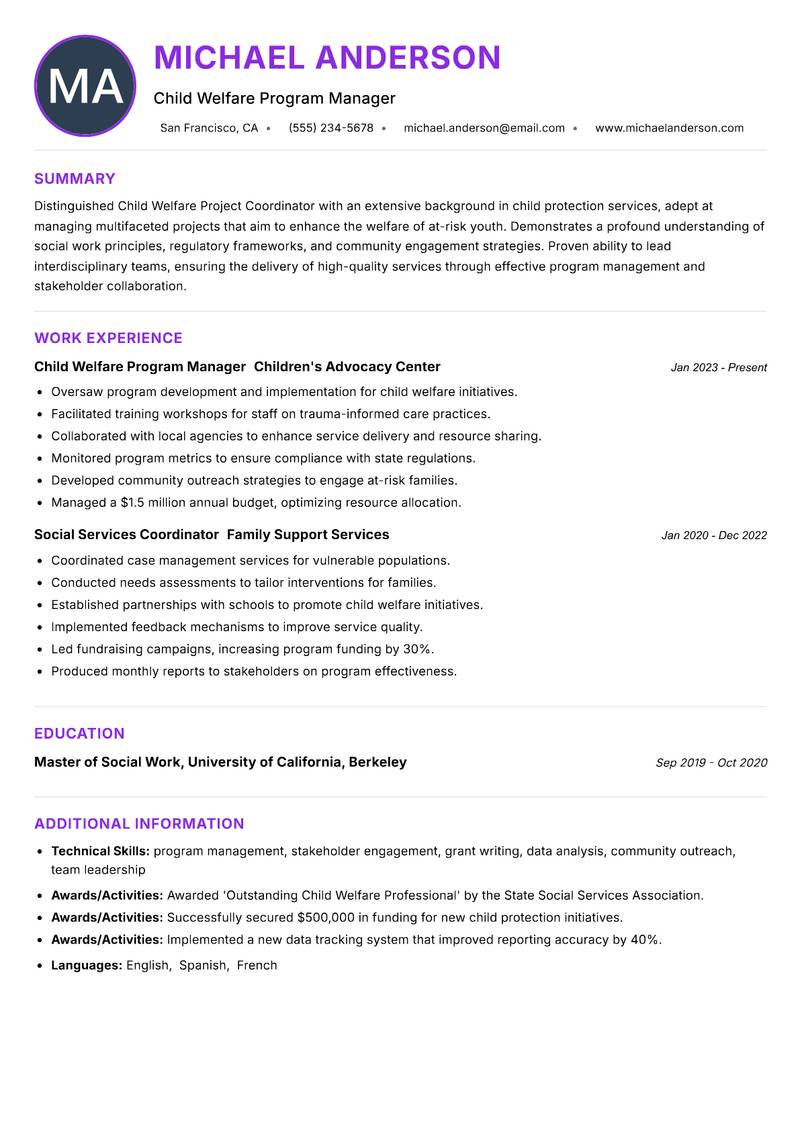 Child Welfare Project Coordinator Resume Preview Example