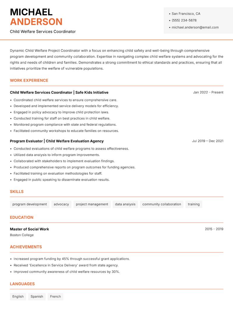 Child Welfare Project Coordinator Resume Template