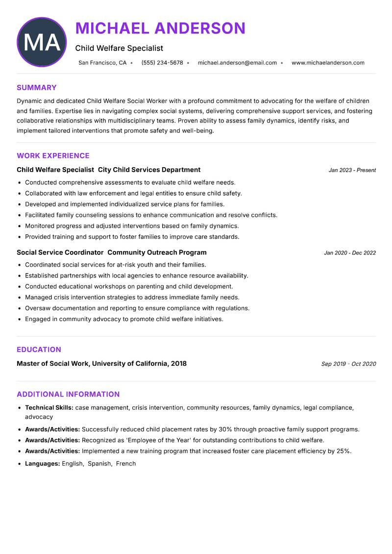 Child Welfare Social Worker Resume Preview Example