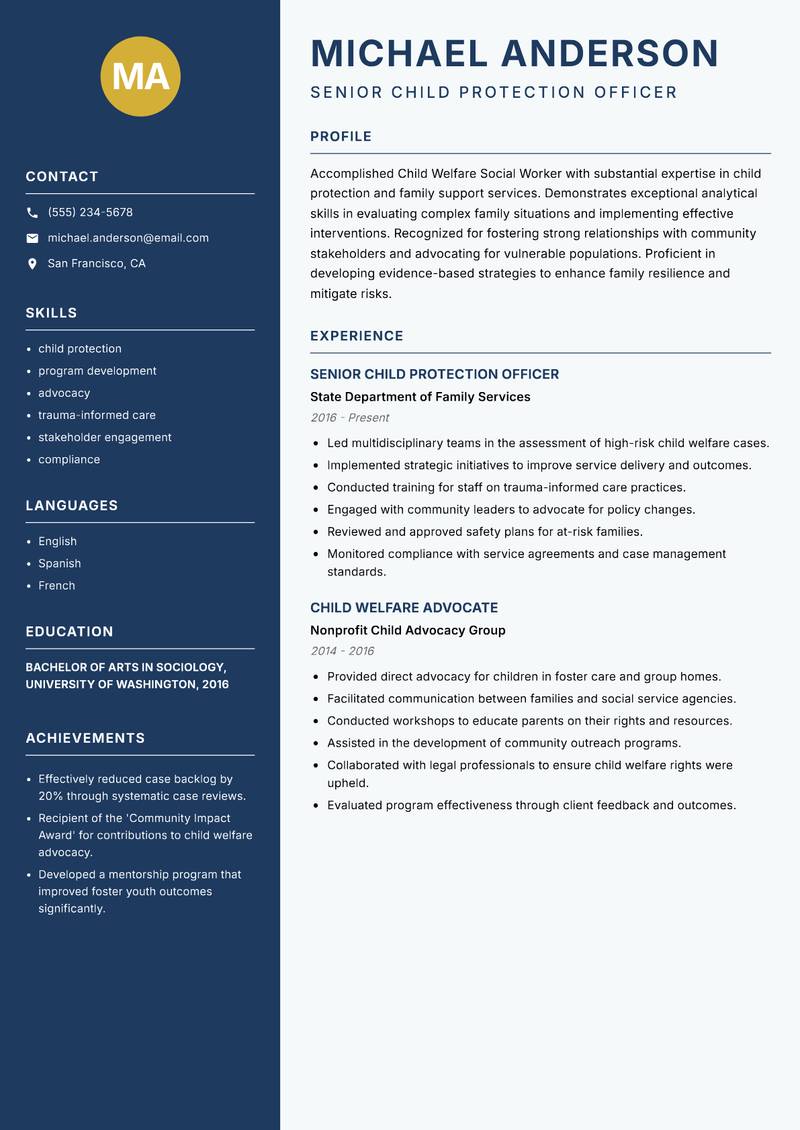 Child Welfare Social Worker Resume Preview Example