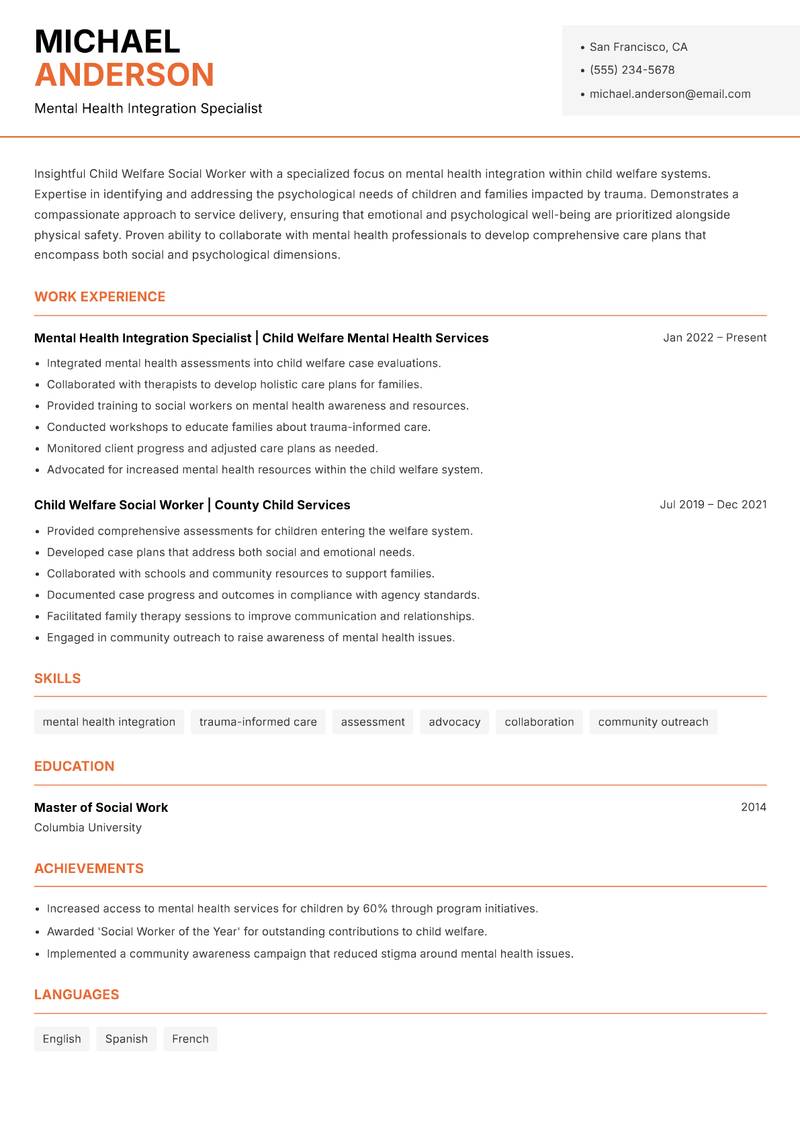 Child Welfare Social Worker Resume Template