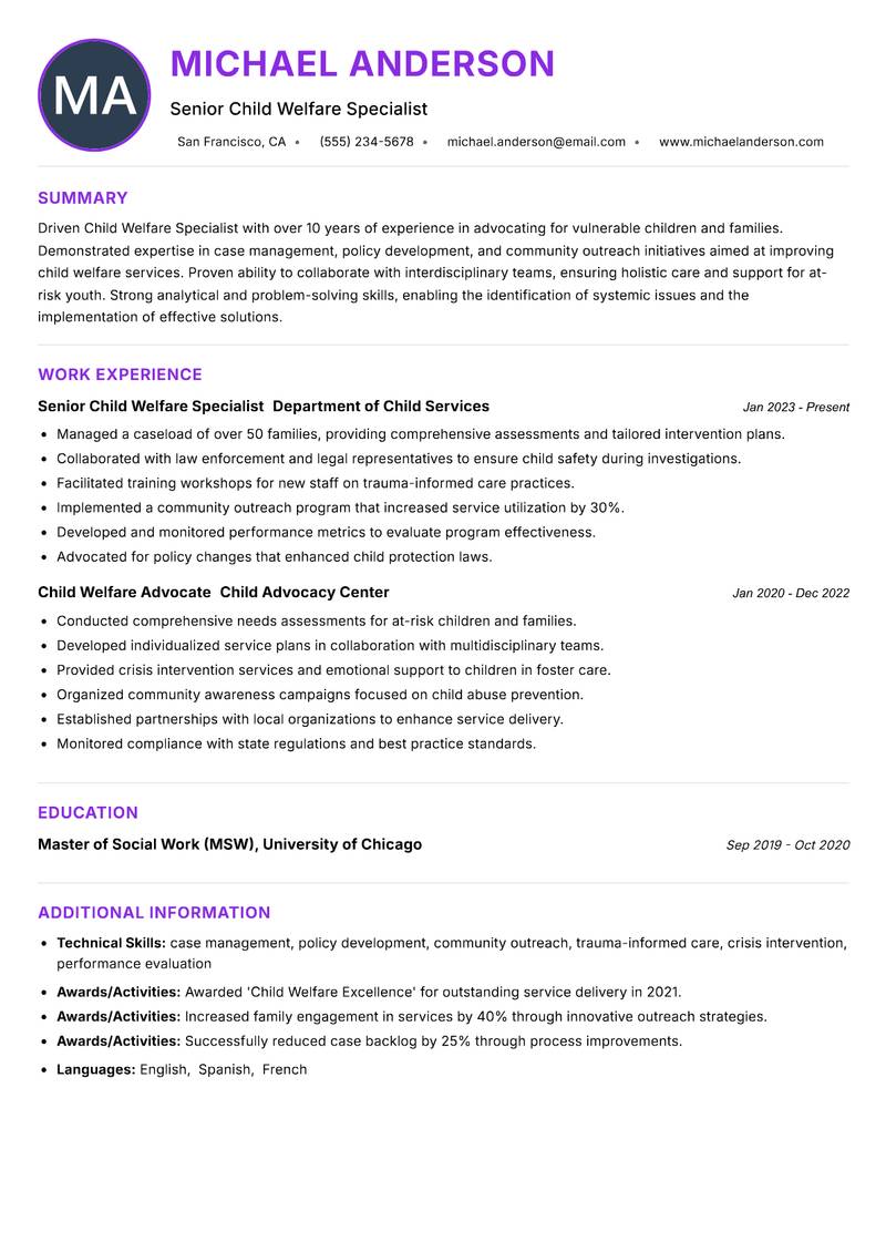 Child Welfare Specialist Resume Preview Example