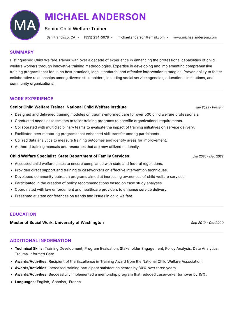 Child Welfare Trainer Resume Preview Example