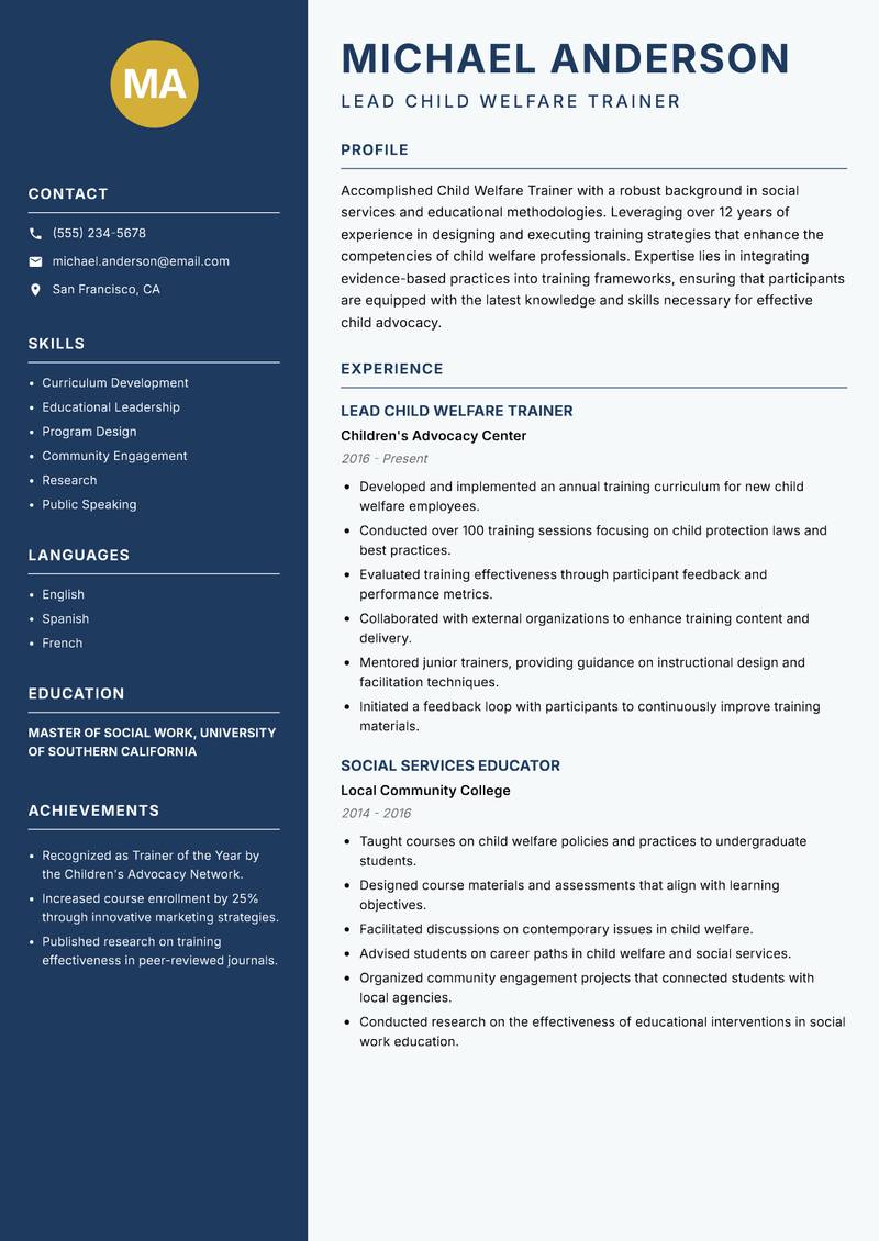 Child Welfare Trainer Resume Preview Example