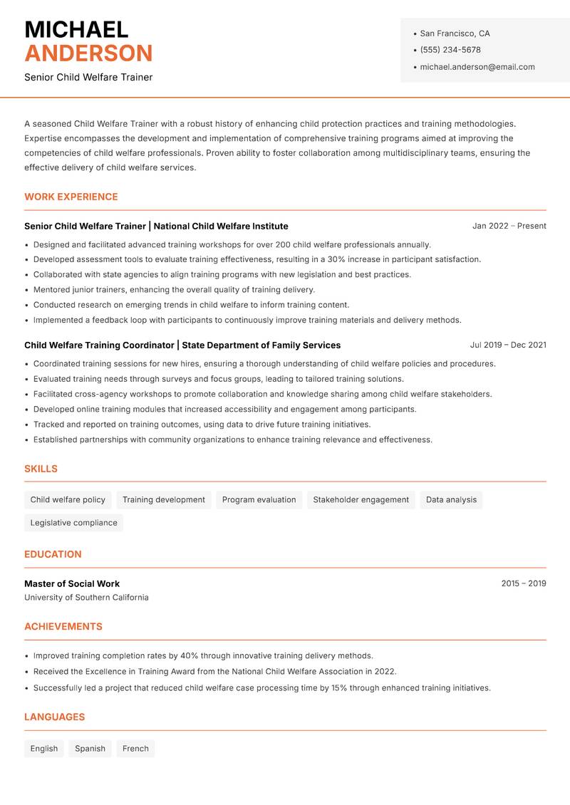 Child Welfare Trainer Resume Template