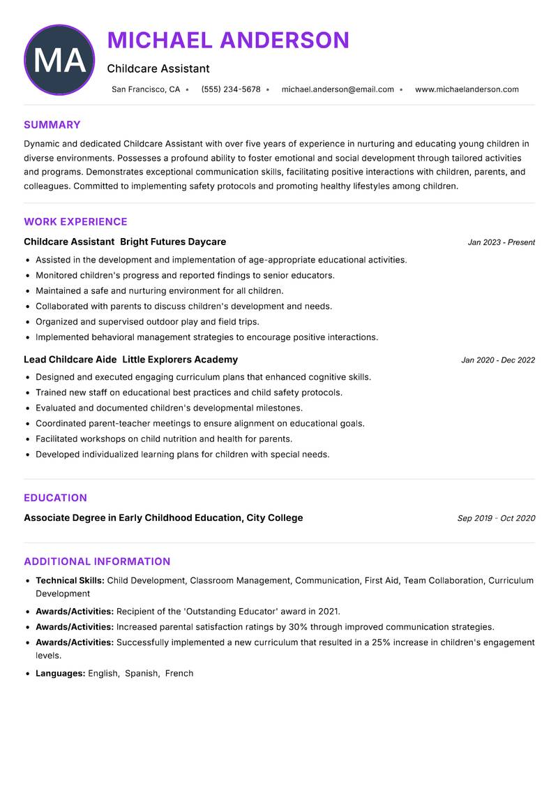 Childcare Assistant Resume Preview Example