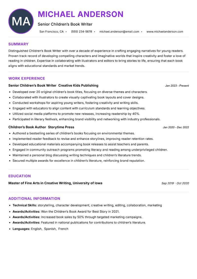 Children’s Book Writer Resume Preview Example