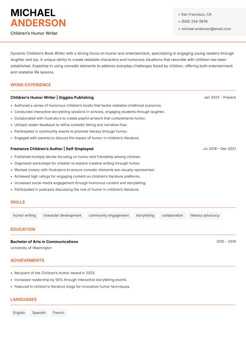 Children’s Book Writer Resume Template