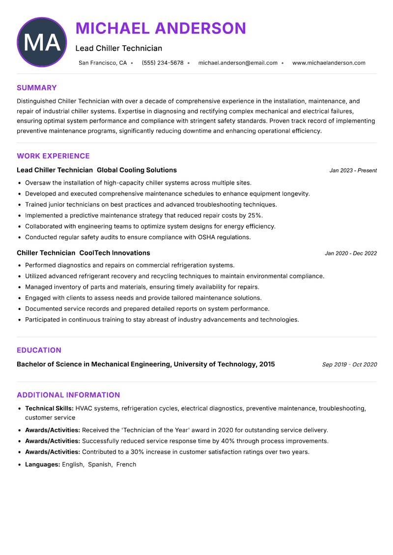 Chiller Technician Resume Preview Example