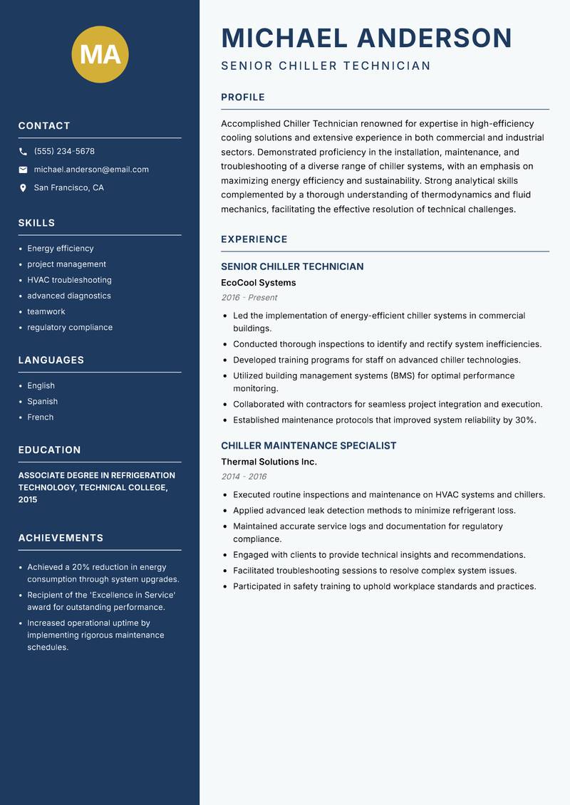 Chiller Technician Resume Preview Example