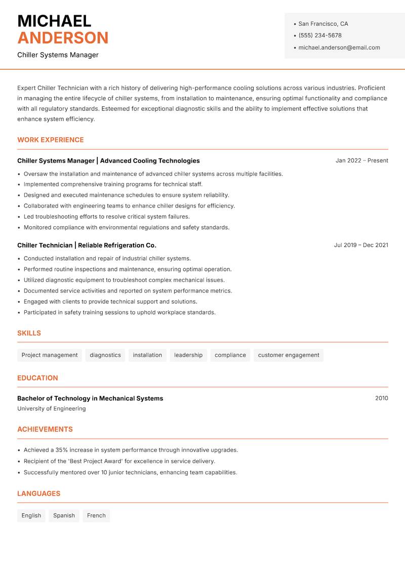 Chiller Technician Resume Template