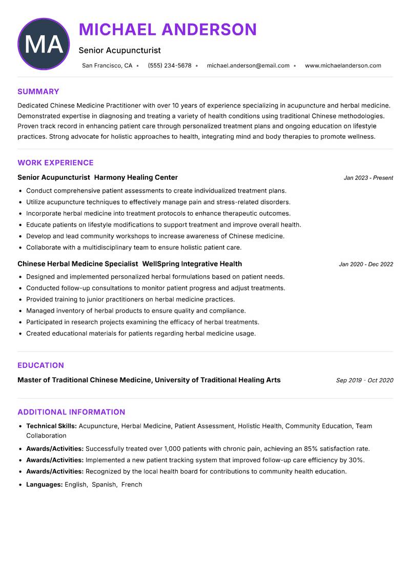 Chinese Medicine Practitioner Resume Preview Example