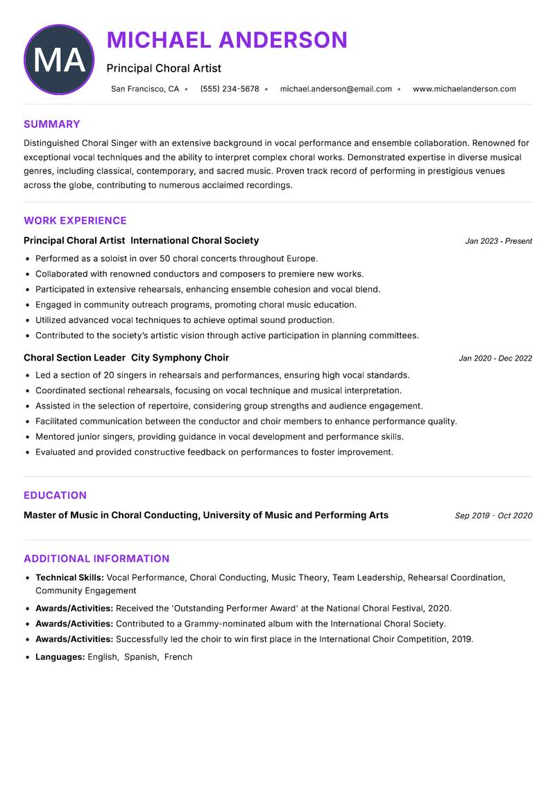 Choral Singer Resume Preview Example