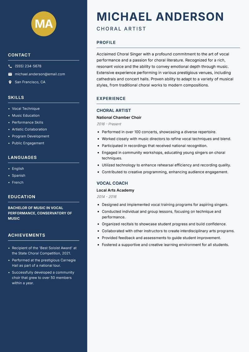 Choral Singer Resume Preview Example