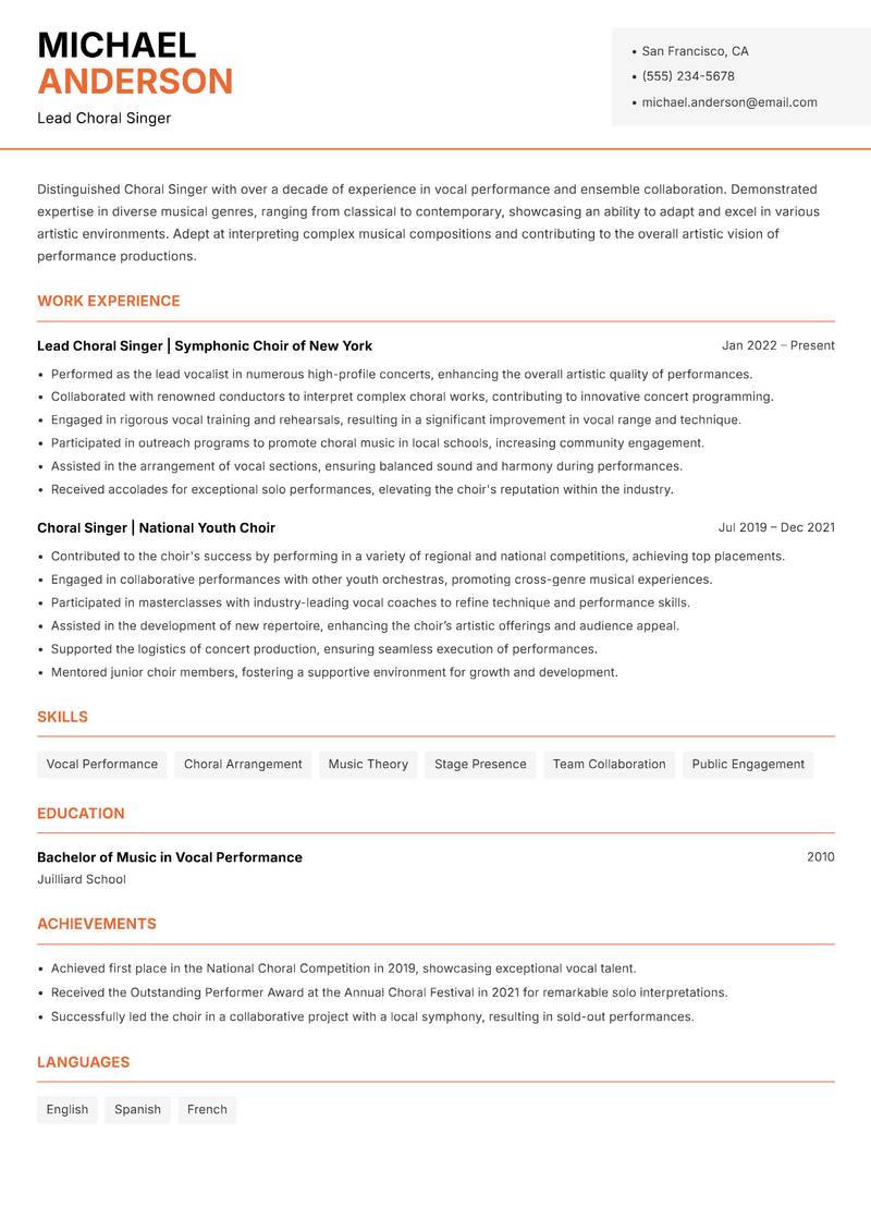 Choral Singer Resume Template