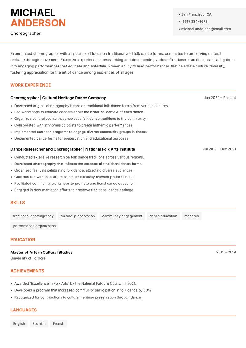 Choreographer Resume Template
