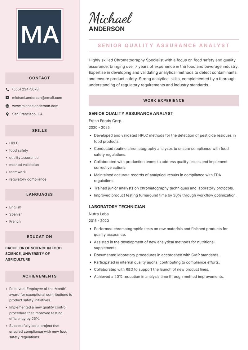 Chromatography Specialist Resume Preview Example