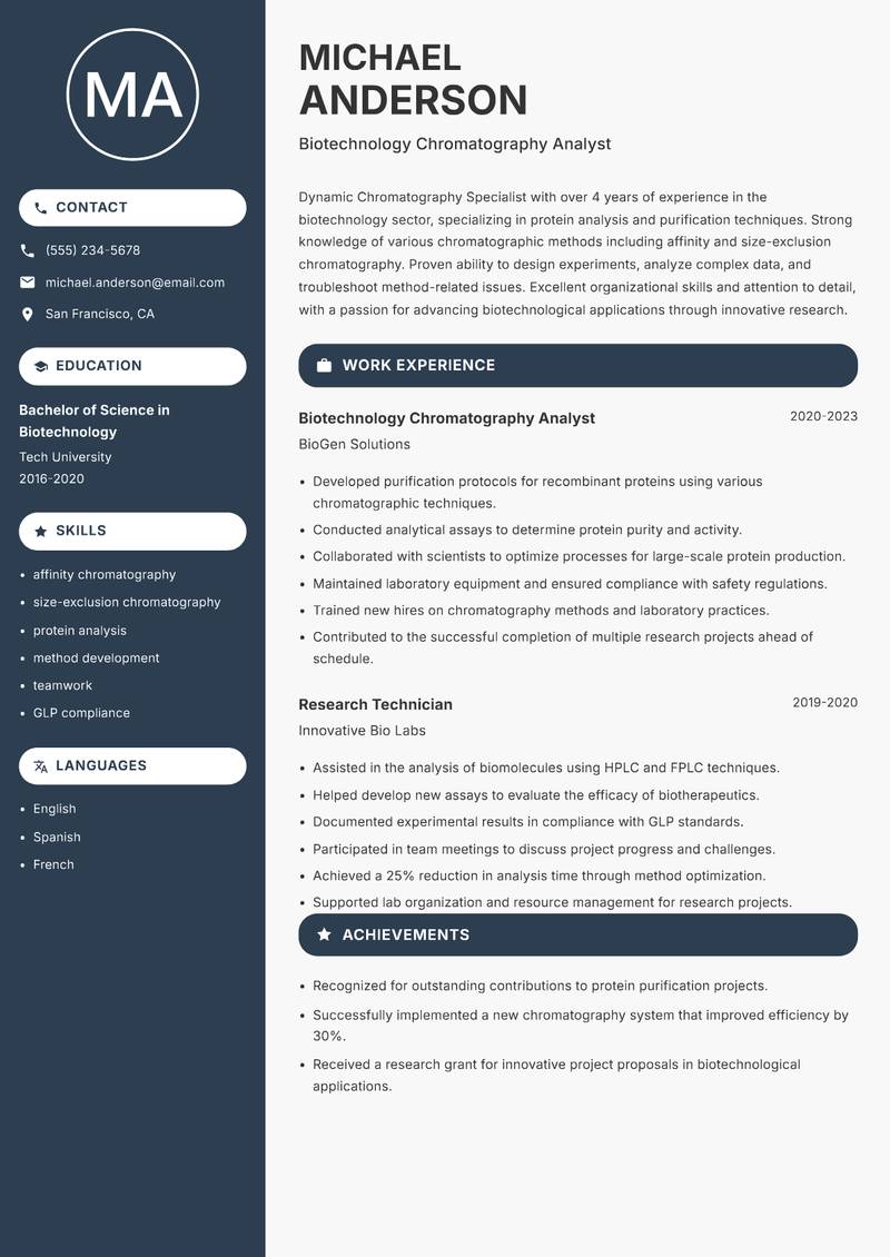 Chromatography Specialist Resume Preview Example