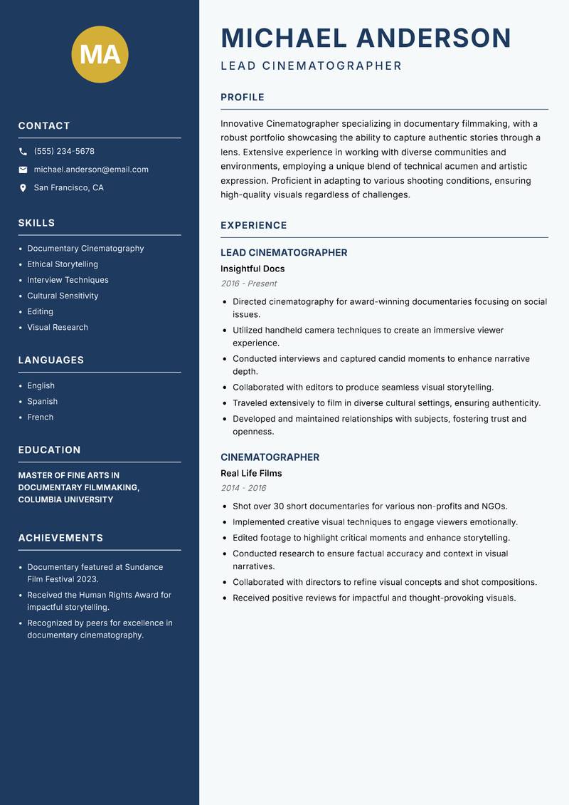 Cinematographer Resume Preview Example