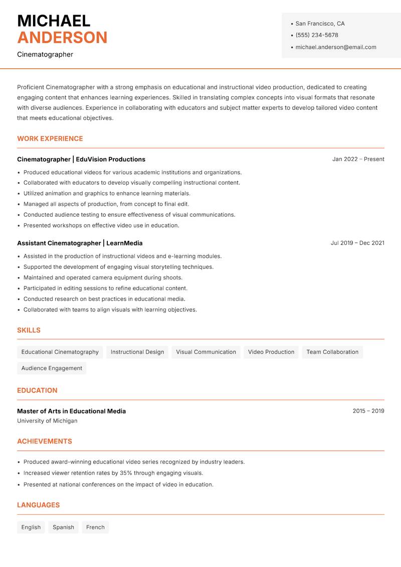 Cinematographer Resume Template