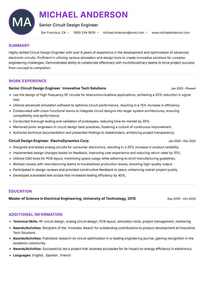 Circuit Design Engineer Resume Preview Example