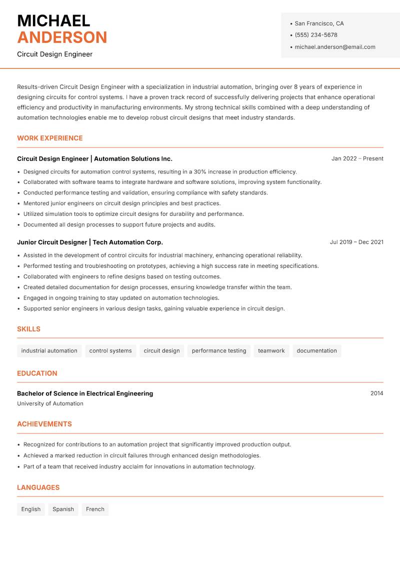 Circuit Design Engineer Resume Template