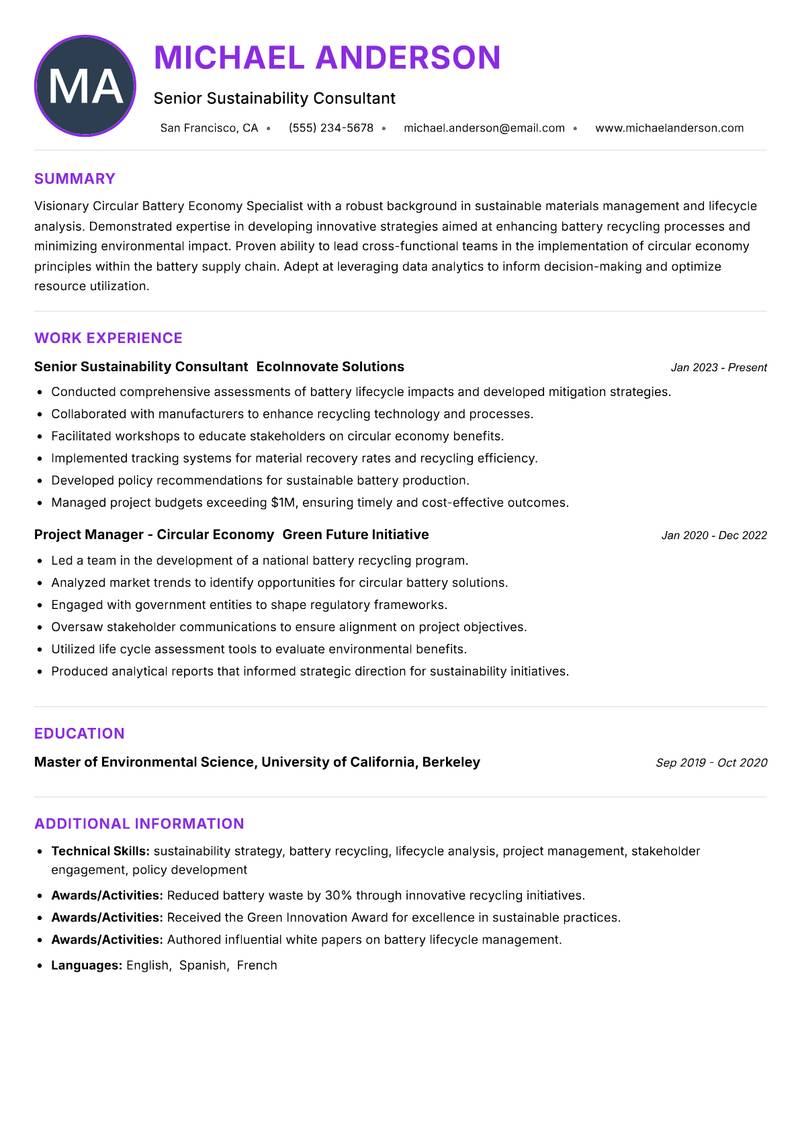 Circular Battery Economy Specialist Resume Preview Example